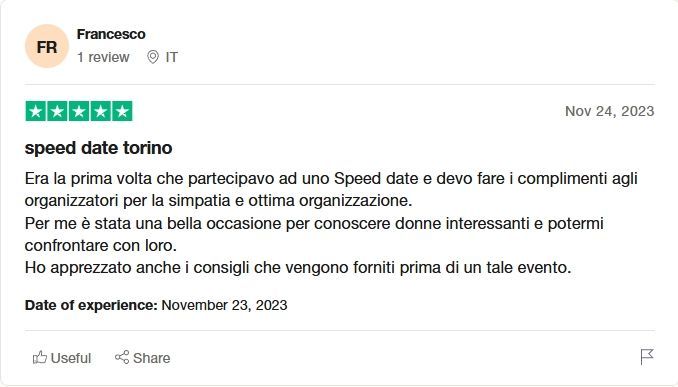 Uno screenshot di una recensione su speed date a Torino