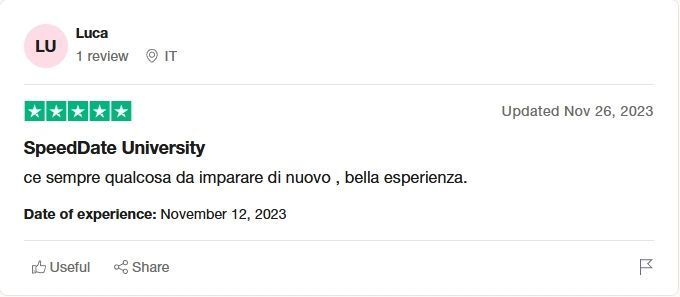 Uno screenshot di una recensione Trustpilot per speeddate university
