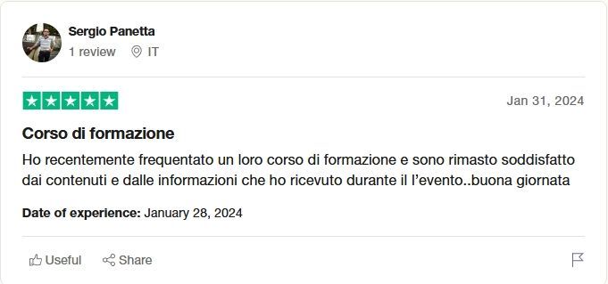 Uno screenshot di una recensione su corso di formazione speed date