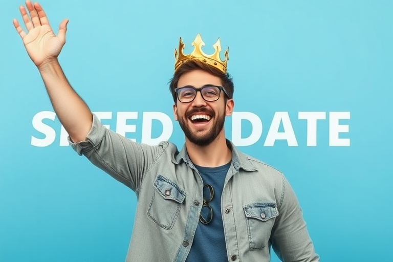 Uomo che indossa una corona, saluta e sorride, con la scritta 