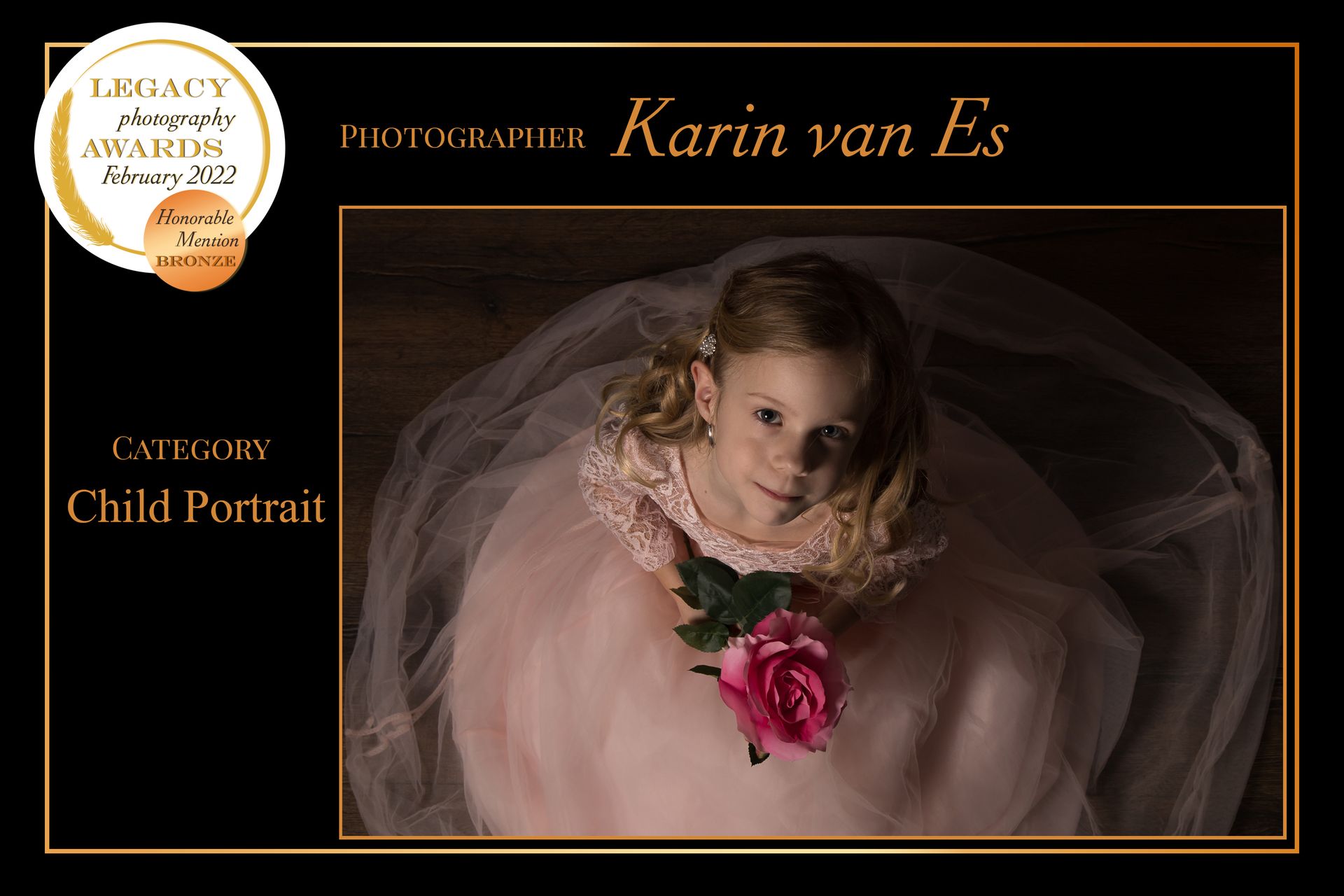 Kind in roze jurk met roos, Legacy Awards-afbeelding, Fotograaf: Karin van Es, Categorie: Kinderportret.