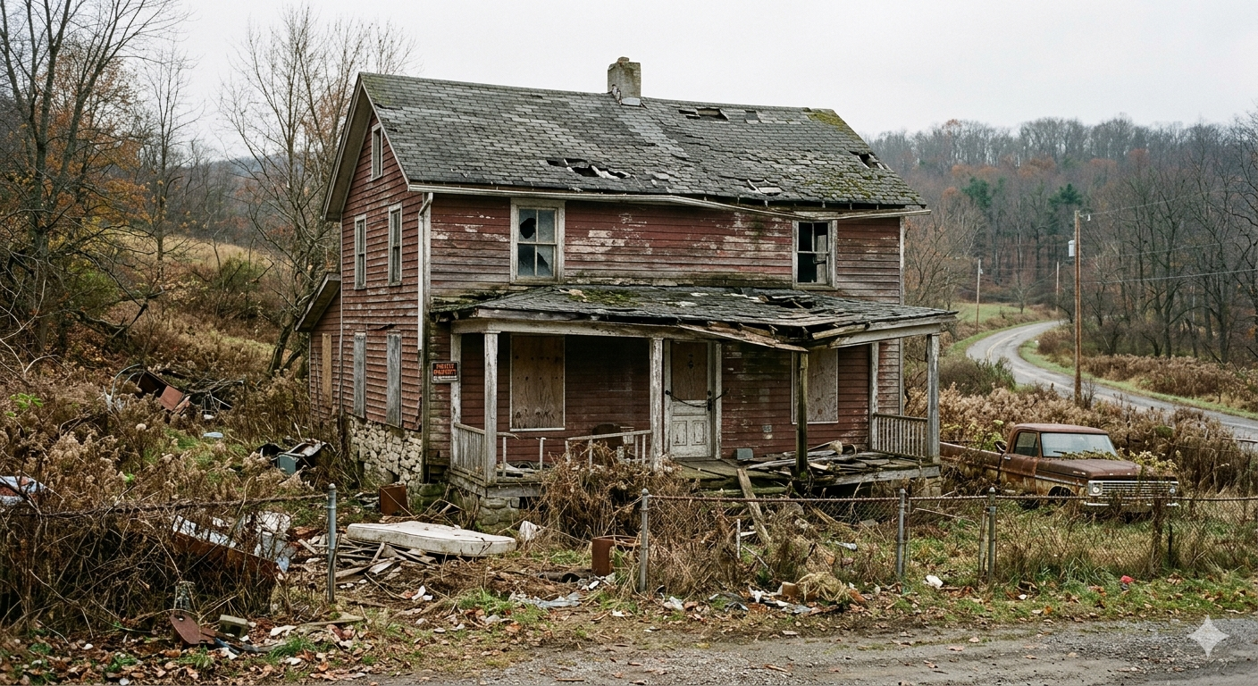 Abandoned two-story red house with a sagging roof, overgrown yard, and a winding road nearby