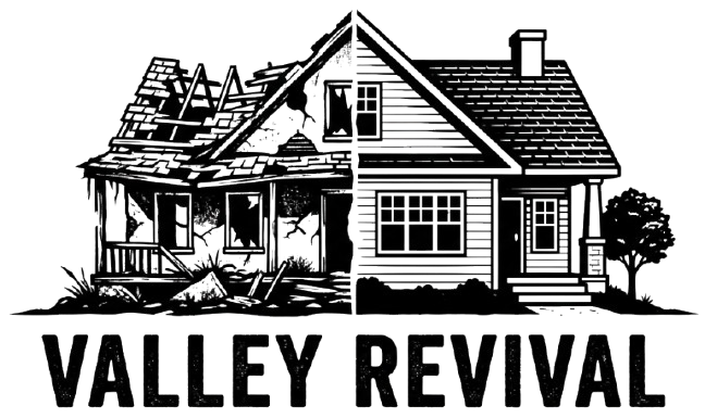 Black-and-white logo of a damaged house with the words “VALLEY REVIVAL” beneath it.