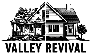 Black-and-white logo of a damaged house with the words &ldquo;VALLEY REVIVAL&rdquo; beneath it.