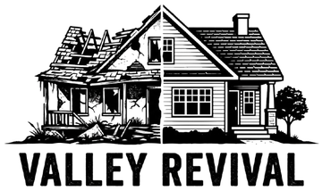 Black-and-white logo of a damaged house with the words &ldquo;VALLEY REVIVAL&rdquo; beneath it.