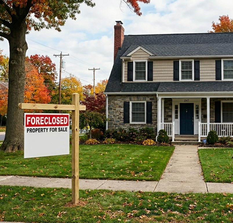Foreclosed sign in front of a suburban house with autumn trees