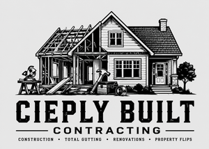 Black-and-white logo of a house under construction with “CIEPLY BUILT CONTRACTING” text