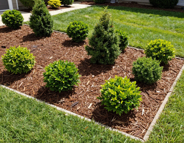 Landscaped garden bed with small green shrubs and brown mulch bordered by grass and concrete edging