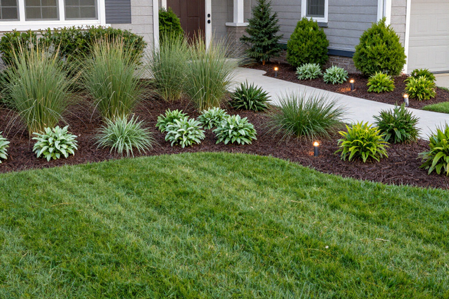 Front yard landscaping with ornamental grasses, shrubs, and mulch along a house exterior