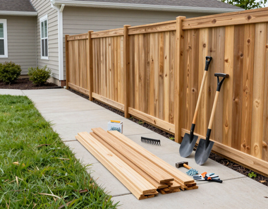 Lumber, tools, and hardware laid out beside a wooden privacy fence along a suburban walkway.