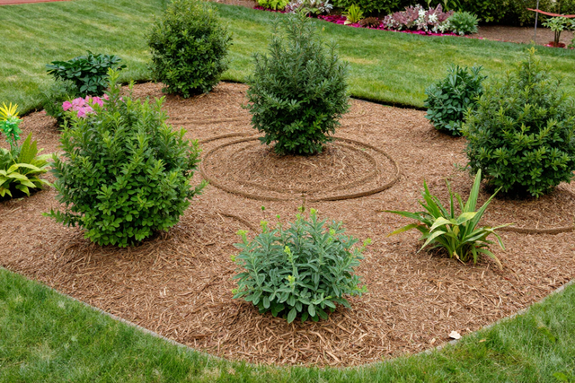 Mulched landscape beds with tidy edges and healthy shrubs