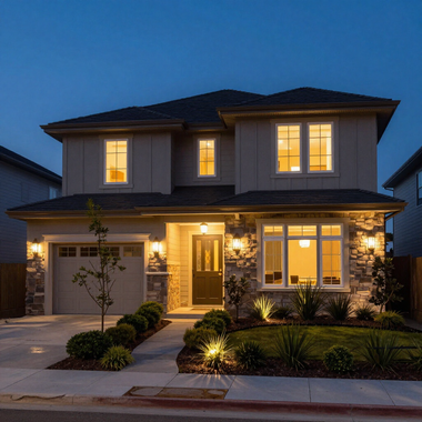 Two-story suburban house at dusk with warm lights glowing from windows and front porch