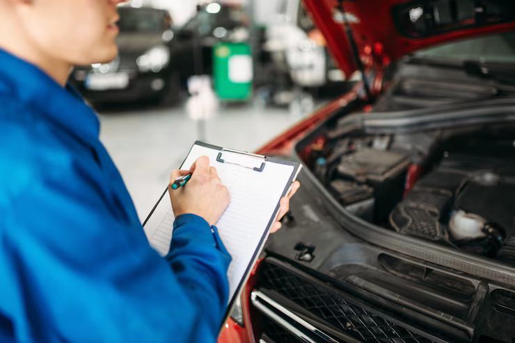 Mechanic in blue jumpsuit inspecting a car engine, writing on a clipboard in a garage.