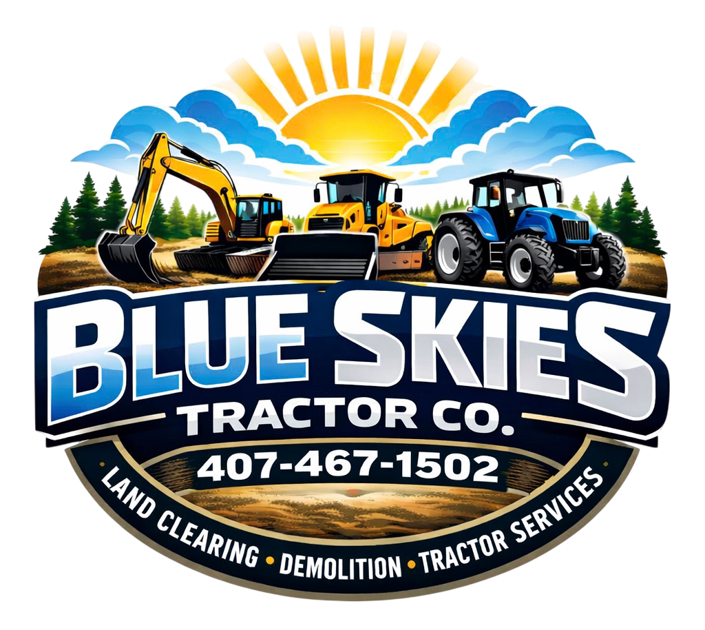 Blue Skies Tractor Co. logo with excavator, bulldozer, tractor, sun, trees, and phone number 407-467-1502