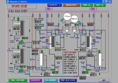 Schermata di controllo industriale con diagramma di processo, indicatori, valvole e indicatori di stato colorati su sfondo grigio.