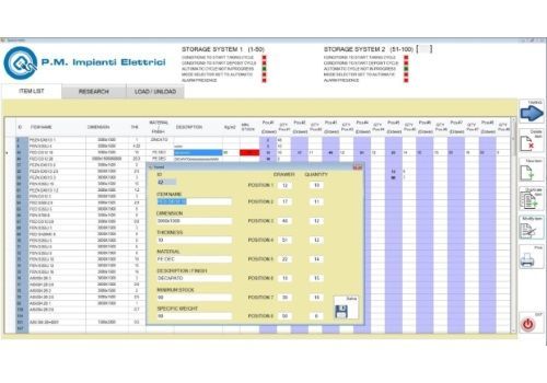 Pannello di controllo di un software industriale con una finestra di dialogo delle impostazioni gialla sopra una tabella dati e una griglia temporale.
