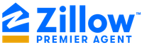 A blue and yellow logo for zillow premier agent