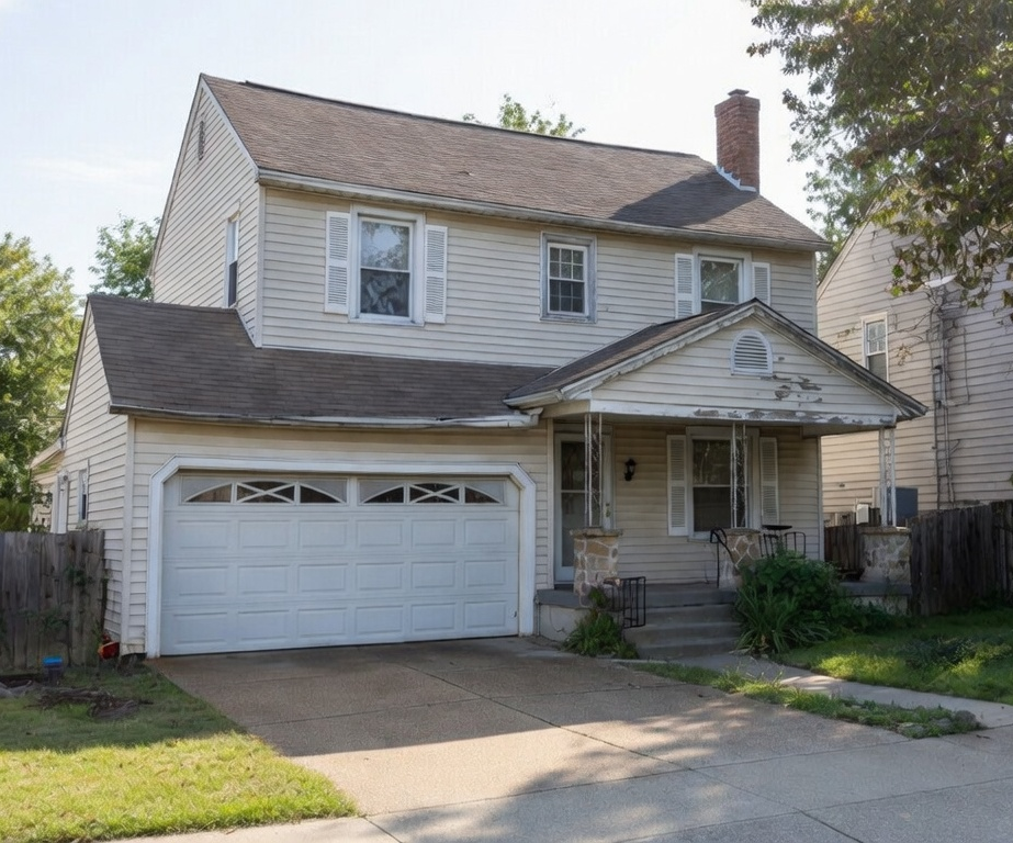 Two-story suburban house with beige siding, white garage, front porch, and driveway