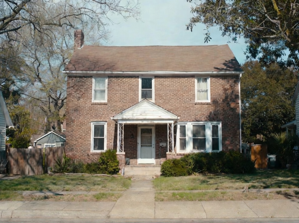 Two-story brick house with white trim and a front porch, seen from the street.