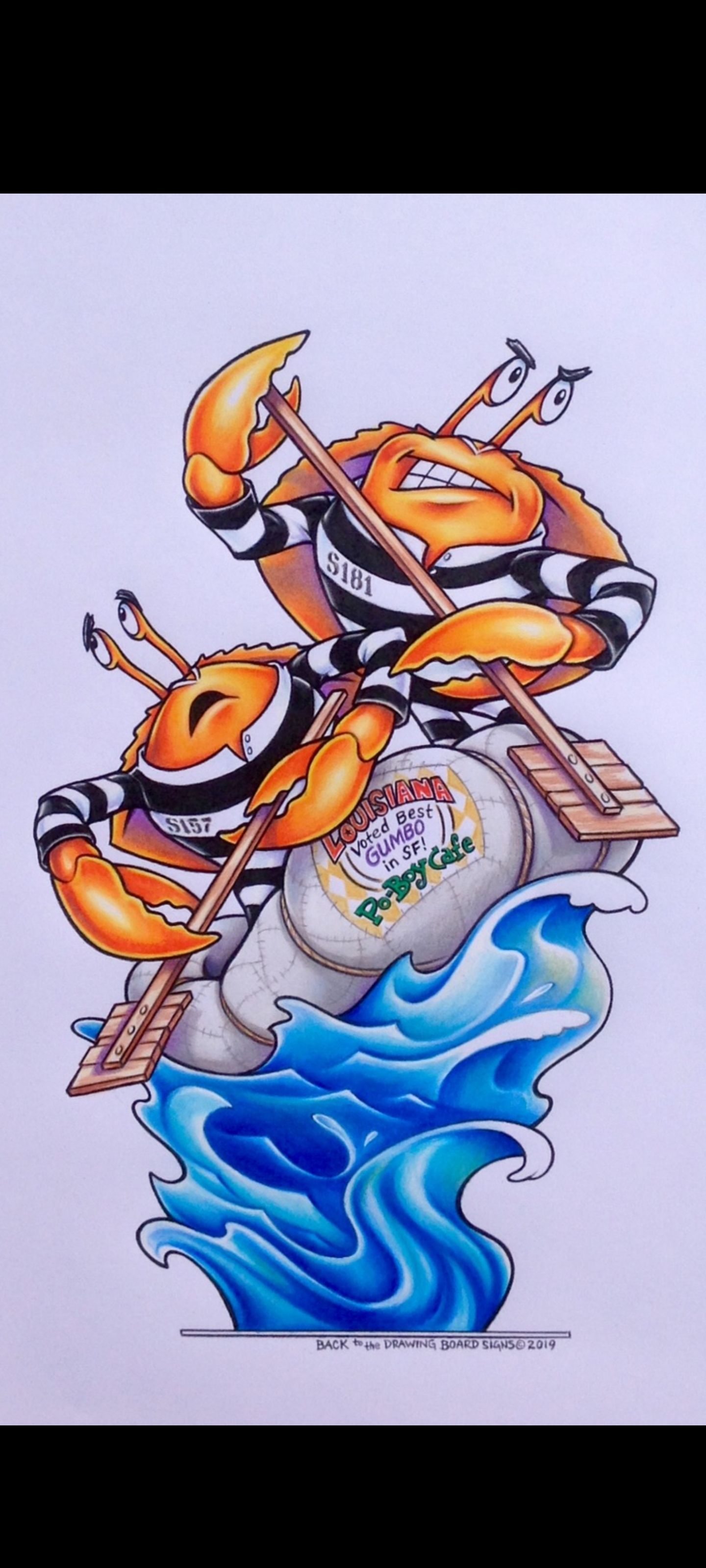 Orange and black crab with trident over blue waves, stylized nautical tattoo art