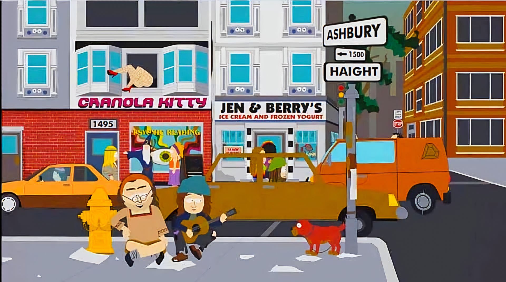Cartoon street scene with pedestrians, a fire hydrant, delivery van, and storefronts labeled Candy Kitty and Jen & Berry's