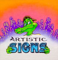 Cartoon green alligator logo above the words “ARTISTIC SIGNS” on a pink-orange background