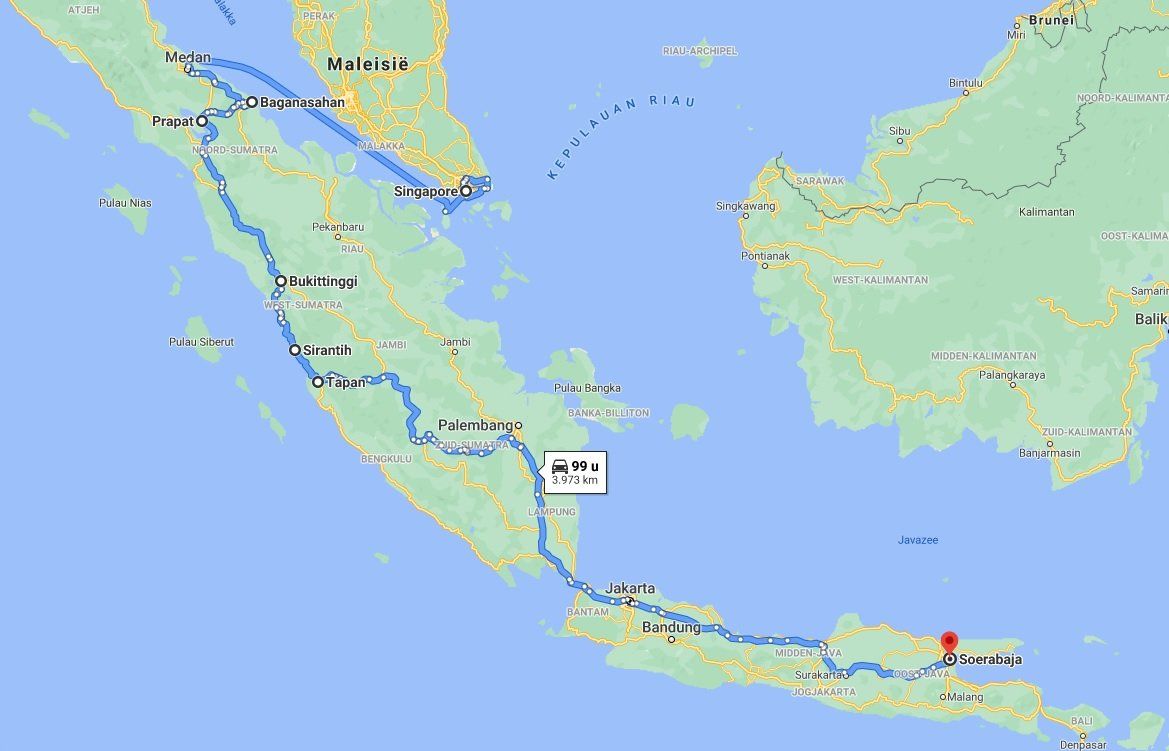 Kaart van westelijk Indonesië met een rode locatieaanduiding op Java.