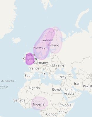 Een kaart van Europa waarop het Verenigd Koninkrijk, Frankrijk, Duitsland, Noorwegen, Zweden en Finland in paars tot roze zijn gemarkeerd.