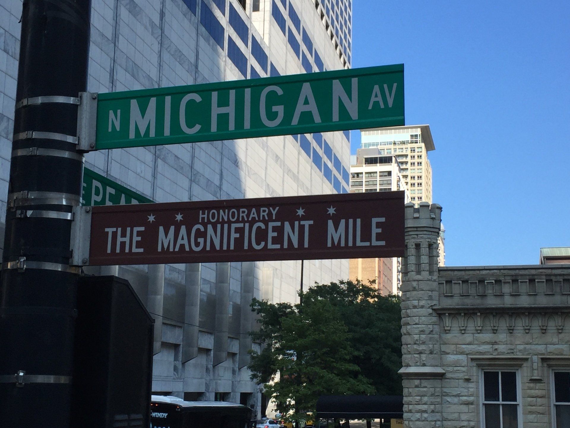 Straatnaamborden van Michigan Ave en Magnificent Mile in het centrum van Chicago, met op de achtergrond gebouwen en een blauwe lucht.