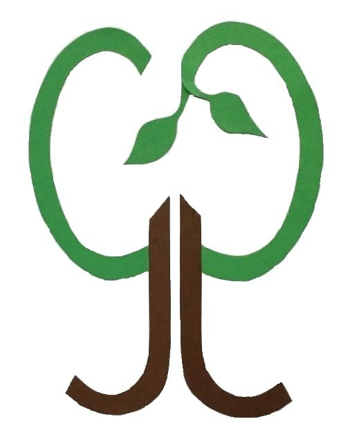 Gestileerde groene boom met bladerdak en bruine stam op een witte achtergrond.