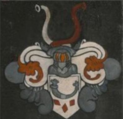 Gestileerd grijs en rood heraldisch wapen met twee gekrulde hoorns, een witte banier en een schild op een donkere achtergrond.