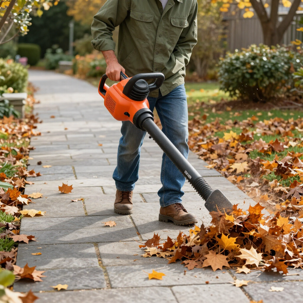 Leaf blowing and tidying up garden path