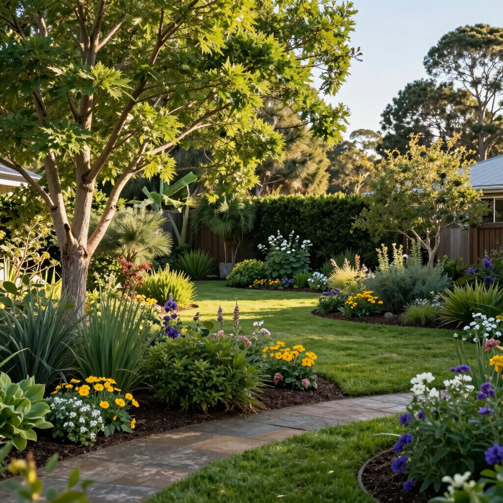 Garden stratigraphy with tree canopy understorey and lawn