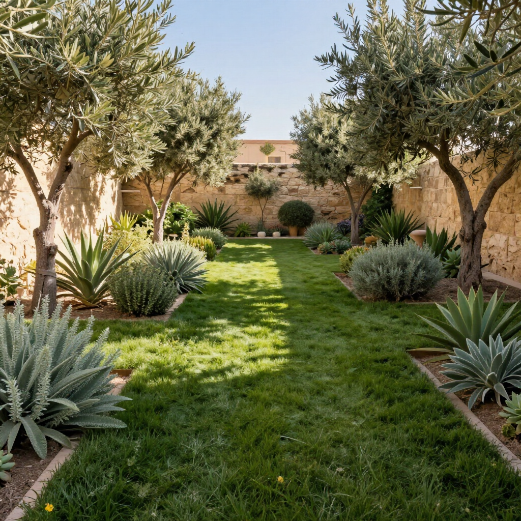 Garden courtyard with trees shrubs and lawn