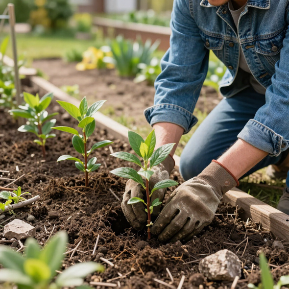 Planting healthy seedlings with gloves on