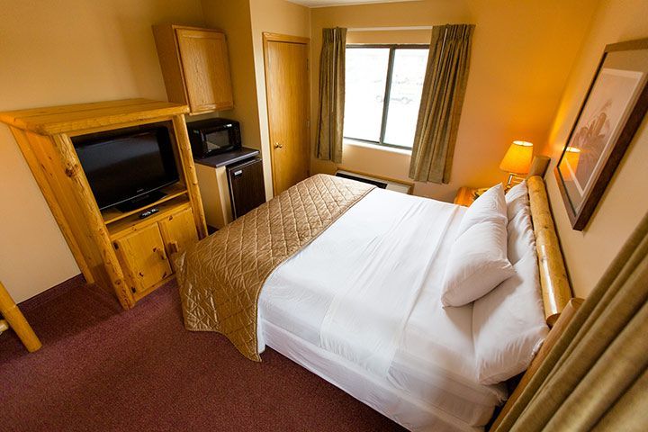 Small hotel room with a bed, TV, and microwave. Tan and brown tones with a window.