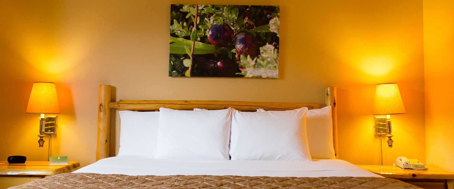 Bedroom with a bed, lamps on both sides, a painting on the wall, and the bed is made.