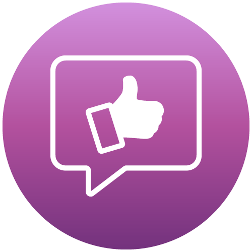 White thumbs-up in a chat bubble on a purple circle background