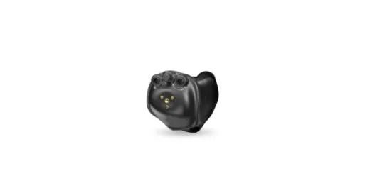 Black camera lens attachment on a white background