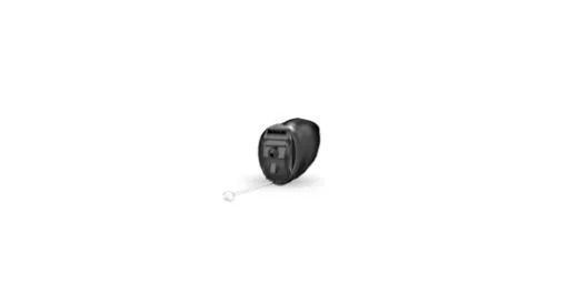 Small black handheld device on a white background, shown with a white cable attached.