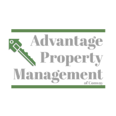 A logo for advantage property management with a key and an arrow.