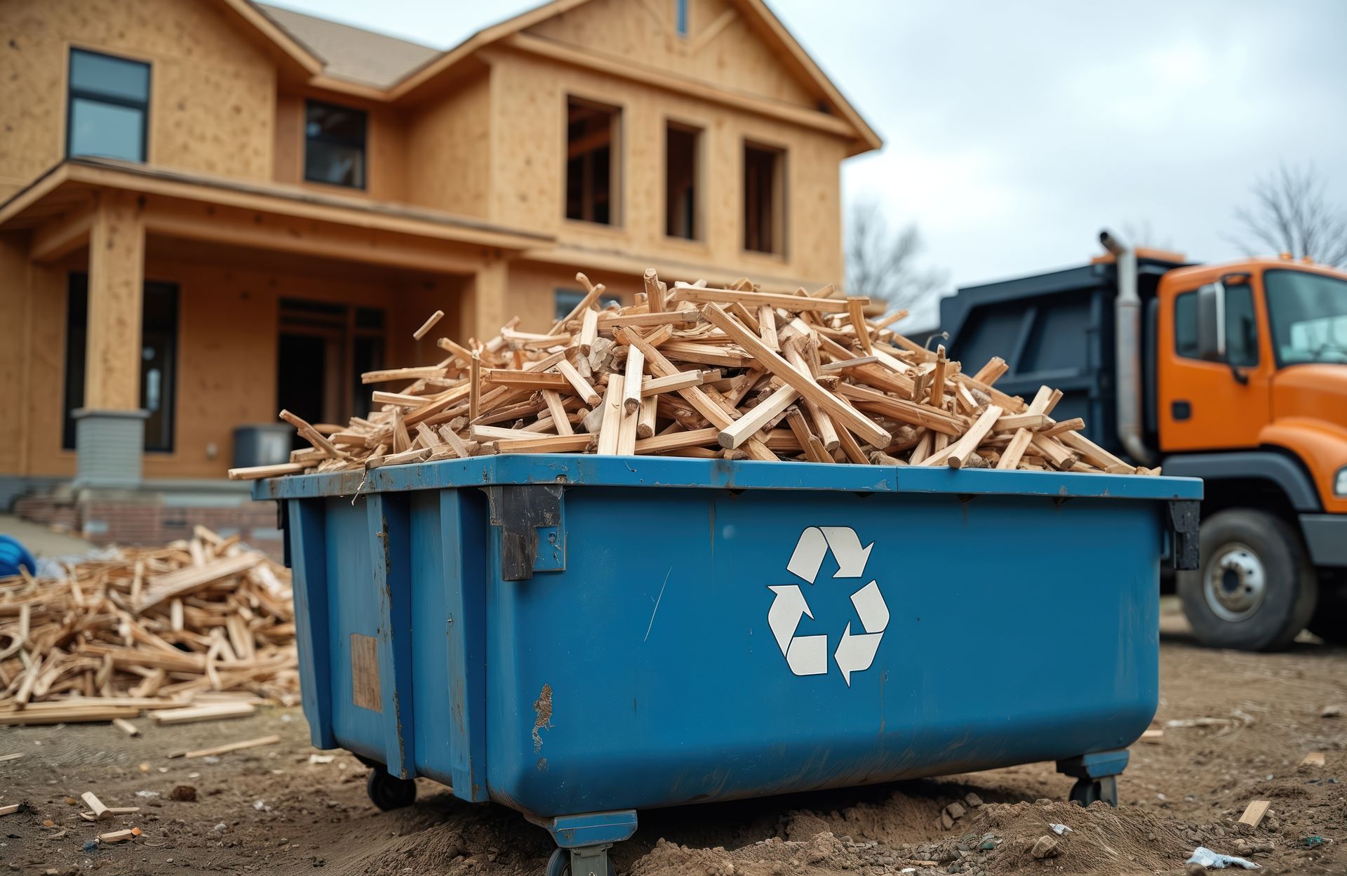 Blue recycling dumpster filled with wood scraps at a home construction site. Blue recycling dumpster filled with wood scraps at a home construction site.