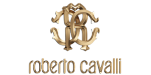 Logo monogramma dorato di Roberto Cavalli su sfondo bianco