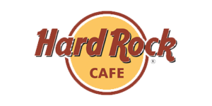 Logo dell'Hard Rock Cafe nei colori marrone e giallo con testo stilizzato in un cerchio.