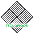 Logo TECNOFLOOR con motivo geometrico a rombi neri e piastrelle a righe sopra testo verde