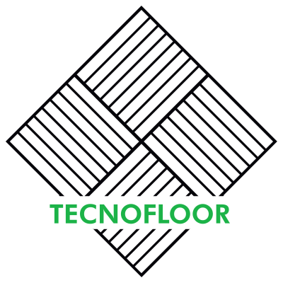 Logo TECNOFLOOR con motivo geometrico a rombi neri e piastrelle a righe sopra testo verde
