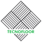 Logo TECNOFLOOR con motivo geometrico a rombi neri e piastrelle a righe sopra testo verde