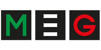 Logo MEG in lettere verdi, bianche e rosse su sfondo nero.