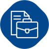 White briefcase icon on a blue rounded hexagon background