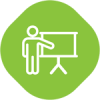 White outline of a person presenting at a flip chart on a green background.